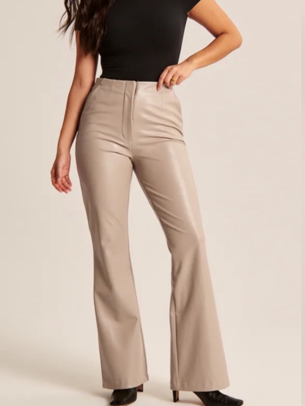 Abercrombie Curve Love Vegan Leather High-Rise Slim Flare Pants in Taupe Size 25